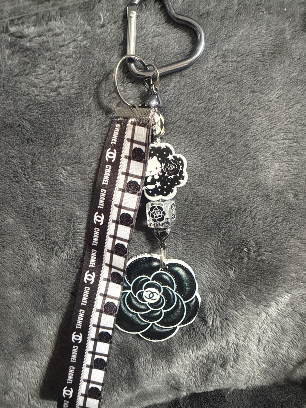 Black & White Camellia Keychain with charm.